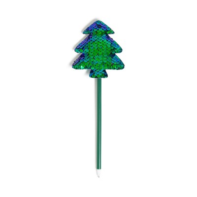 U Brands Novelty Christmas Tree Pen Teal Sequin: 0.7mm Black Ink Ballpoint, Non-Toxic Stationery Gift, 11.34" Length