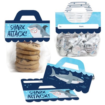 Big Dot of Happiness Shark Zone DIY Jawsome Shark Party or Birthday Party Clear Goodie Favor Bag Labels Candy Bags with Toppers Set of 24