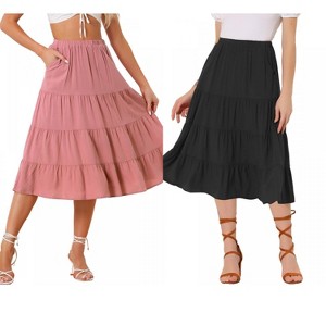 INSPIRE CHIC Women's Midi Solid Elastic Waist Flare Tiered A-Line Skirt with Pockets 2 Packs - 1 of 4