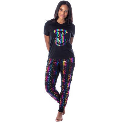 Harry Potter Womens' Rainbow Foil Hogwarts Crest 2 Piece Pajama Jogger Set Multicolor