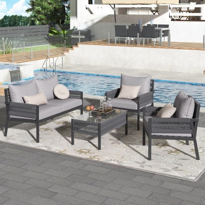 Kiki 4-Piece Woven Rope Steel Frame Patio Conversation Set Deep Seating with Tempered Glass Table, Outdoor Furniture - Maison Boucle