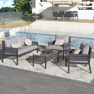 Kiki 4-Piece Woven Rope Steel Frame Patio Conversation Set Deep Seating with Tempered Glass Table, Outdoor Furniture - Maison Boucle - 1 of 4