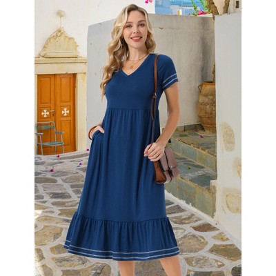 Женские платья INSPIRE CHIC Women's Summer V Neck Short Sleeve Contrast Trim A Line Midi Summer Dress with Pockets Blue Small — фото 4