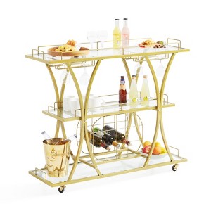 VEVOR Bar Cart Gold, 3 Tiers Home Bar Serving Cart on Lockable Wheels, Rolling Alcohol Cart with Tempered Glass Shelves Guardrail Wine Rack - 1 of 4