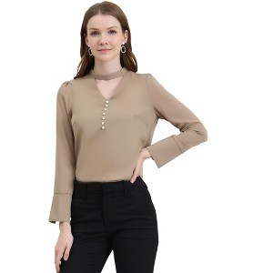 Allegra K Women's Keyhole Stand Collar Long Sleeve Button Front Work Blouses - 1 of 4