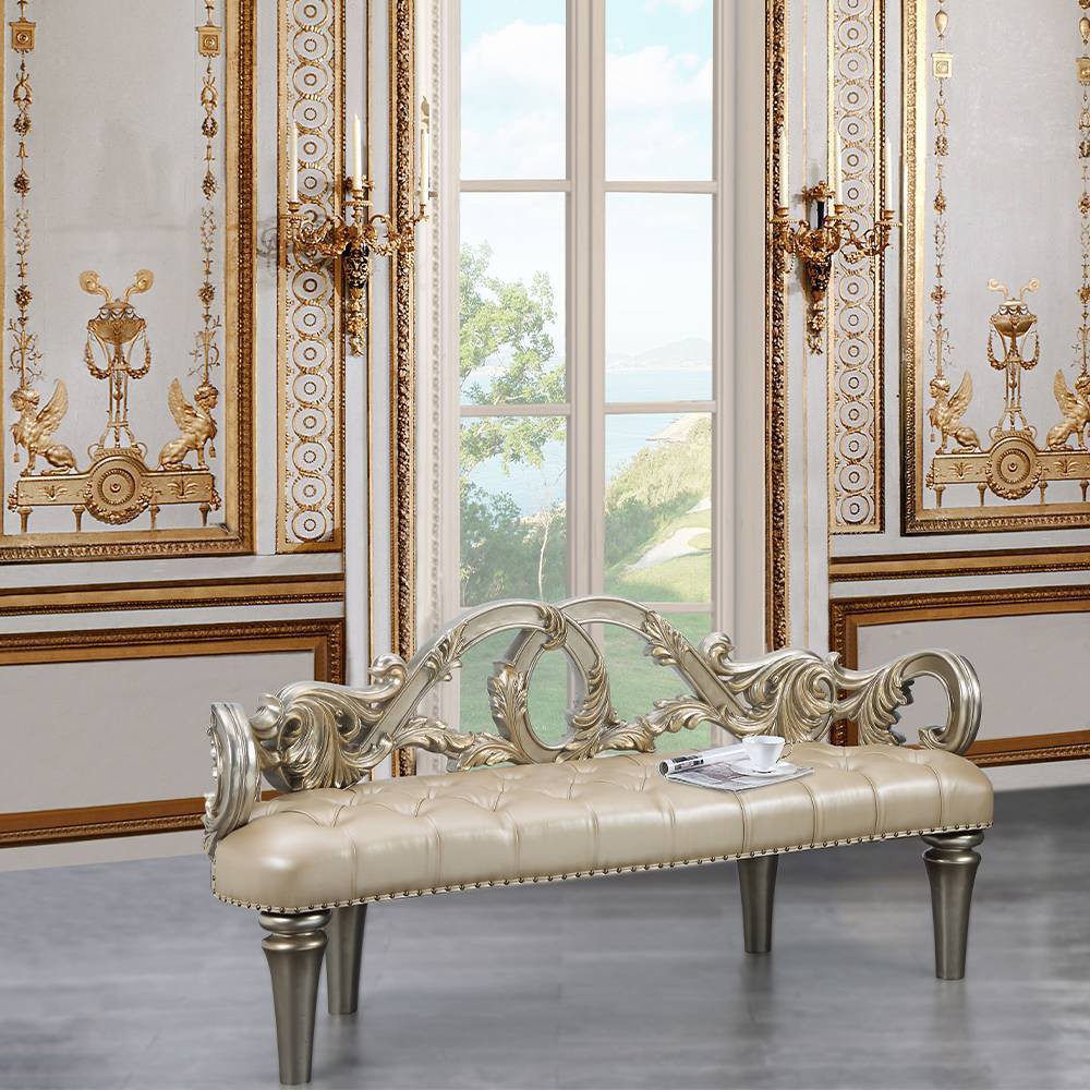 Photos - Pouffe / Bench 70" Danae Ottoman and Bench Champagne Synthetic Leather and Gold Finish 