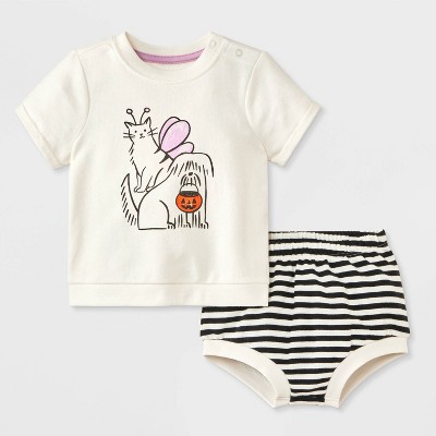 Baby 2pc Halloween Dog & Cat Trick-Or-Treating T-Shirt & Bloomer Set - Cat & Jack™ Cream