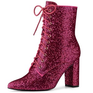 Allegra K Women's Glitter Lace-Up Pointed Toe Block Heel Ankle Boots - 1 of 4