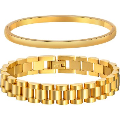 2pcs Gold Chain Link Bracelet, Stainless Steel Crystal Friendship Bracelets Bangle,Watch Band Chains Wristband