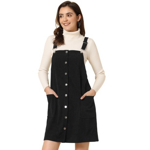 Knee length corduroy dungaree dress - Black - Ladies