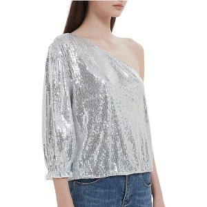 Anna-Kaci Women's Summer Sparkle Sequins One Shoulder Top Blouse Cocktail Casual Glitter Sequined T-Shirt Tops - 1 of 4