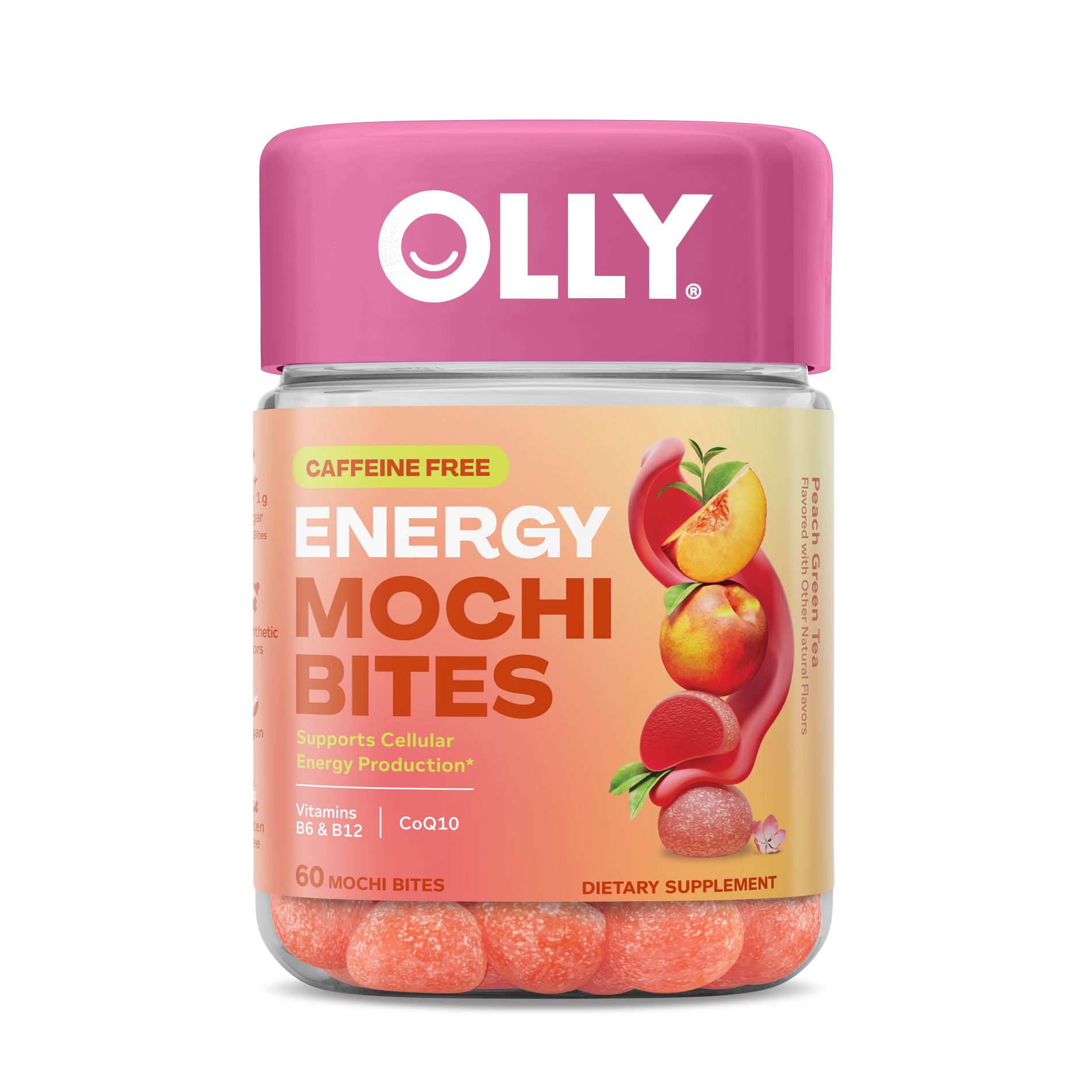 OLLY Mochi Vitamin Energy Bites, Caffeine-Free B12 + CoQ10 for Cellular Energy & Brain Function - Peach Green Tea - 60ct