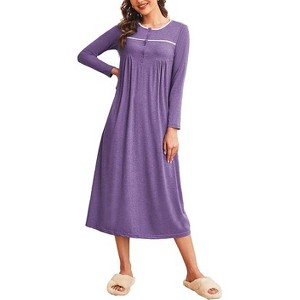 Ekouaer Women Long Sleeve Nightgowns Soft Henley Sleepshirts Full Length Sleep Dress - 1 of 1