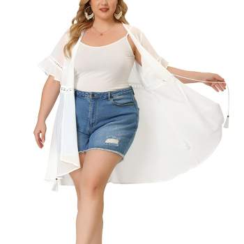 Agnes Orinda Women's Plus Size Hollow Out Ruffle Short Sleeve Midi Spring Cardigans