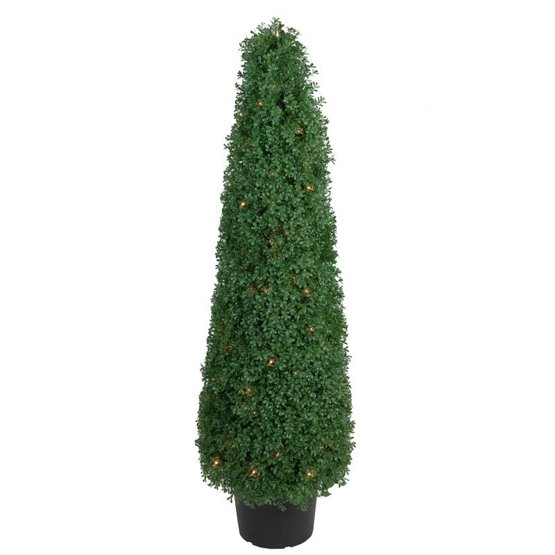 Northlight 4' Pre-Lit Artificial Boxwood Cone Topiary Tree with Round Pot, Clear Lights, 1 of 7