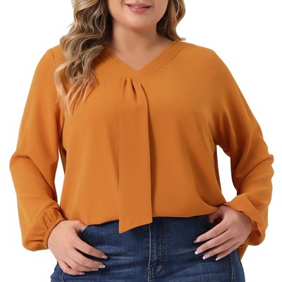 Agnes Orinda Women's Plus Size Office Fashion Long Sleeves Ribbon Front  Chiffon Blouses Orange 3x : Target