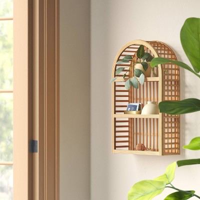 Natural Wood and Rattan Arched Wall Shelf with Open Shelves
