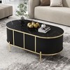 47"W Oval Coffee Table Cocktail Table Center Table with Marble-Patterned Top, Cabinet, Metal Legs and Handles, White/Black-ModernLuxe - 2 of 4