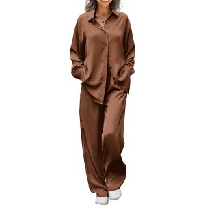 Ekouaer Womens Satin Silky Pajama Set 2 Piece Print PJs Soft Loungewear Button Down Sleepwear with Elastic Waist Long Pants - 1 of 4
