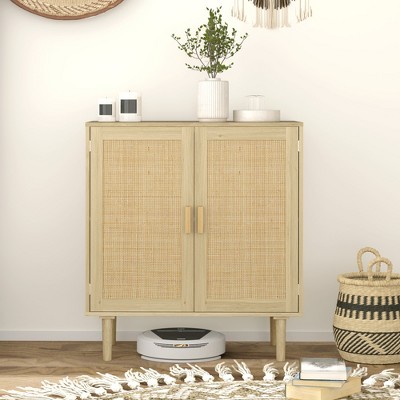 Natural Oak Bohemian Sideboard with Rattan Doors and Shelves