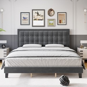 Whizmax King/Queen/Full Size Upholstered Bed Frame with Adjustable Headboard and Button Tufted Velvet Platform Bed, No Box Spring Needed,Easy Assembly - 1 of 4