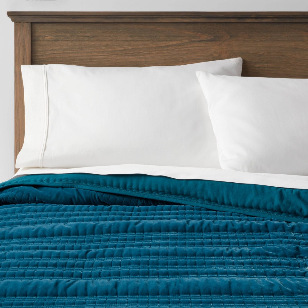 Photos - Duvet Full/Queen Lofty Velvet Quilt Dark Teal Blue - Threshold™