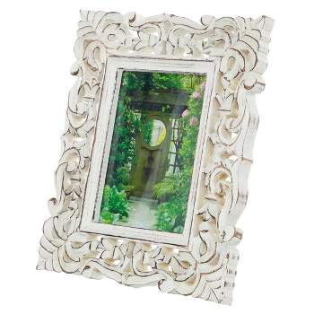 Mango Wood Scroll Handmade Intricate Traditional Carved 1 Slot Photo Frame White - Olivia & May