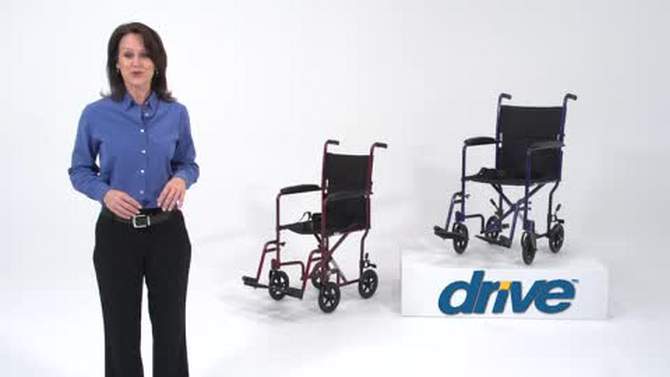 Drive Medical Lightweight Transport Wheelchair, 17" Seat, Blue, 2 of 8, play video