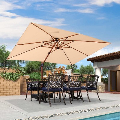 PURPLE LEAF Double Top Rectangle Patio Umbrella with Base Deluxe Wood Pattern Offset Hanging Umbrella for Pool Garden