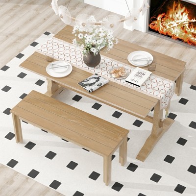 VYNXARIA 3-Piece Retro Dining Set, Rectangular Trestle Table and 2 Wooden Benches for 4 People for Dining Room and Kitchen (Natural Wood)