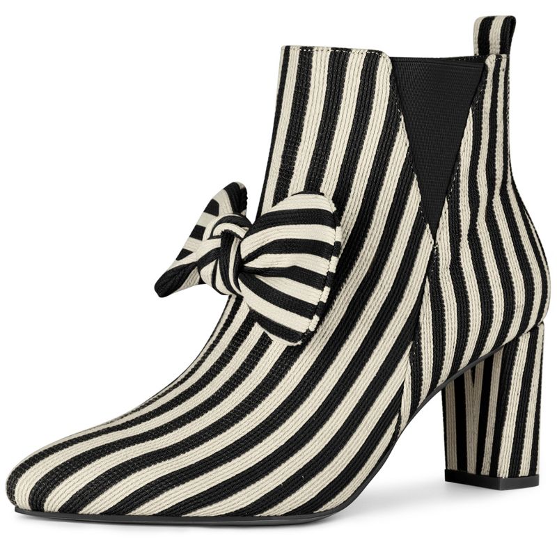 Allegra K Women's Pointed Toe Pull Loop Bow Striped Chunky Heels Ankle Boots, 1 of 8