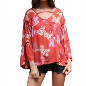 Women's Floral Ruffle Seam Bell Sleeve Tunic - ANGIE - 1 of 3