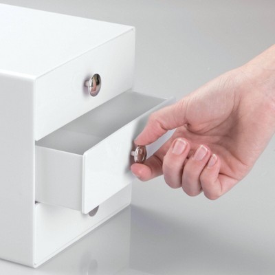 Compact White Plastic 3-Drawer Organizer with Chrome Knobs