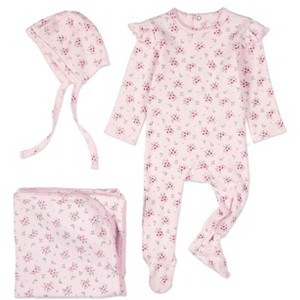 MiniMoi 3 Piece Baby Girls Mini-Ribbed Cotton Rich Ruffled-Sleeve Floral Footie Set - 1 of 4