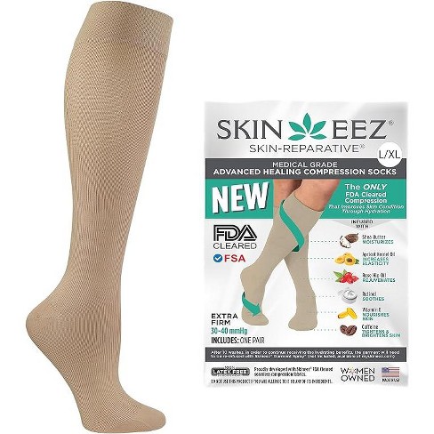 Skineez Medical Grade Advanced Healing Compression Socks 30-40mmHg,  Clinically Proven to Firm and Revitalize Skin, Tan, Large/X-Large, 1 Pair