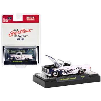 1980 Chevrolet Silverado Pickup Truck White with Blue Flames Ltd Ed to 6050 pcs 1/64 Diecast Model Car by M2 Machines