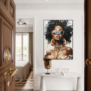 KTMBDW Woman Canvas Wall Art Black Girl with Curly Hair Sunglasses Orange Headwrap Earrings and Necklaces for Living Room decor - 1 of 4