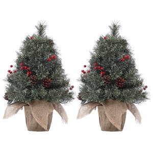 Mini artificial Christmas tree with lights, featuring a burlap base Compact holiday tree adorned with pinecones and clusters of red berries - 1 of 4