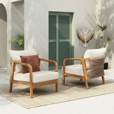 Solid Wood Outdoor Patio Lounge Chair,Curved Armrest Garden Lounge Chair,Comfy Woven Backrest Poolside Chair with Cushions-Coolbibila