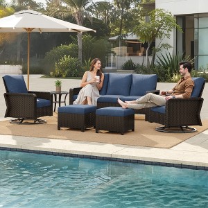 SUGOLD 5-Piece Outdoor Patio Furniture Set, All-Weather Wicker with Benches & Side Table, Black Rattan with Denim Blue Cushions - 1 of 1