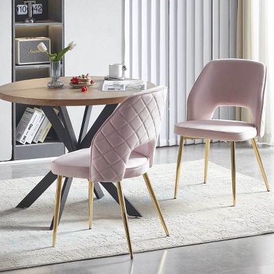 Velvet Upholstery Dining Chair Set of 2,Modern Kitchen Chair with Hollow Back and Gold Metal Legs for Dining Room-Baofuwish