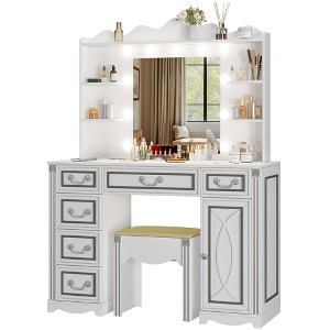 Fredees Vanity Desk: Large Mirror, Lights, Charging Station, 6 Drawers, Makeup Dressing Table with Storage Stool - 1 of 4