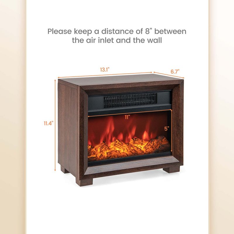 Costway Mini Desktop Electric Fireplace Heater Portable Wooden Fireplace with Vivid Flame Brown, 3 of 11