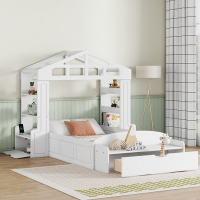 Twin Size House Bed With Bench, Socket And Shelves, White 4w ...