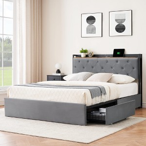 Garvee Bed Frame with 4 Storage Drawers and Charging Station, Upholstered Bed Frame with Storage Headboard -No Box Spring Needed - 1 of 4