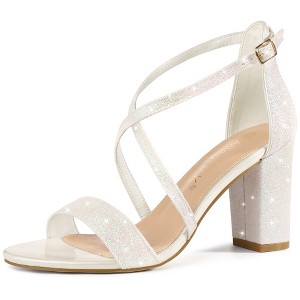 Allegra K Women's Glitter Buckle Closure Crisscross Strap Block Heels Sandals - 1 of 4