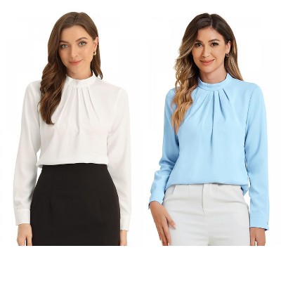INSPIRE CHIC Women's Business Casual Stand Collar Chiffon Long Sleeve Blouse 2 Packs