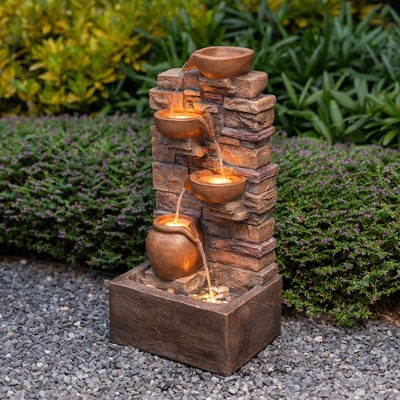 Teamson Home 28.5" Outdoor 4-Tier Stacked Stone Cascading Water Fountain with LED Lights, Gray