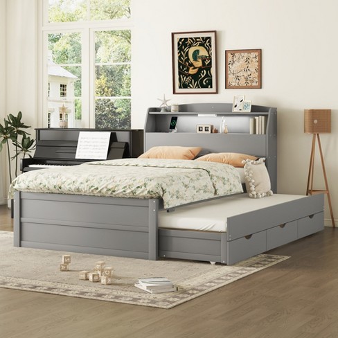 Full Size Wooden Led Platform Bed With Trundle, Storage Headboard And ...