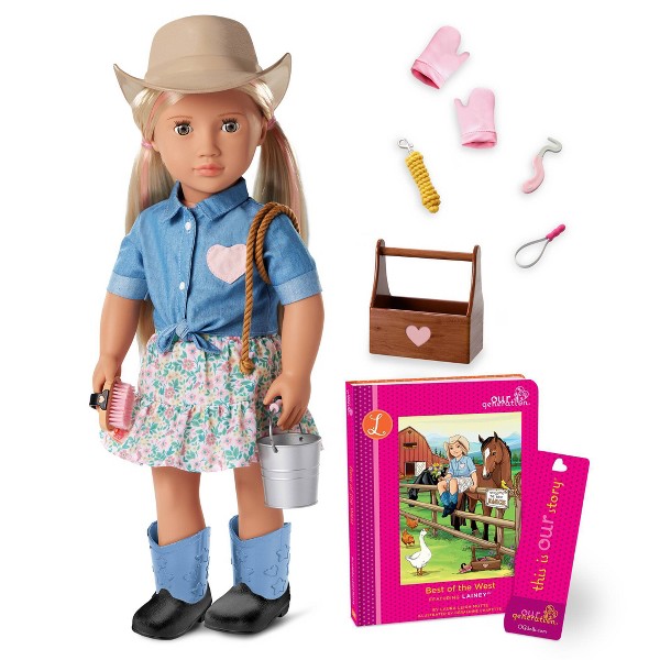 Nuestra Generación Lainey Muñeca Vaquera Articulada de 18" con Accesorios de Caballo y Libro de Cuentos: Muñeca de Moda de Plástico con Ojos Avellana, Cabello Lacio